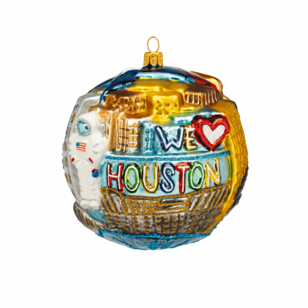 We Love Houston glass Christmas ornament with skyline, rodeo cowboy, and NASA astronaut – Houston Ornaments