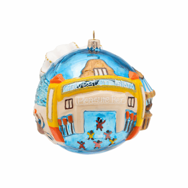 Galveston Island glass Christmas ornament featuring Pleasure Pier, beach, and cruise ship – Houston Ornaments