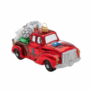 Texas Red Truck glass Christmas ornament with gifts, teddy bear, soccer ball, Texas flag, and bluebonnets – Houston Ornaments